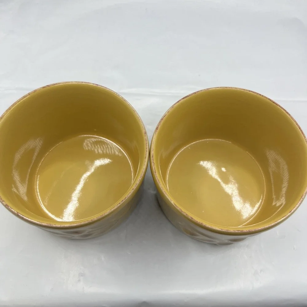 Pair 2 Cerutil Stoneware Mustard Yellow Ramekin Set Portugal Raised Olive Motif